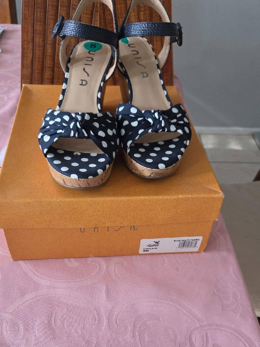 Unisa Black and White Polka Dot Cork Wedge Sandals